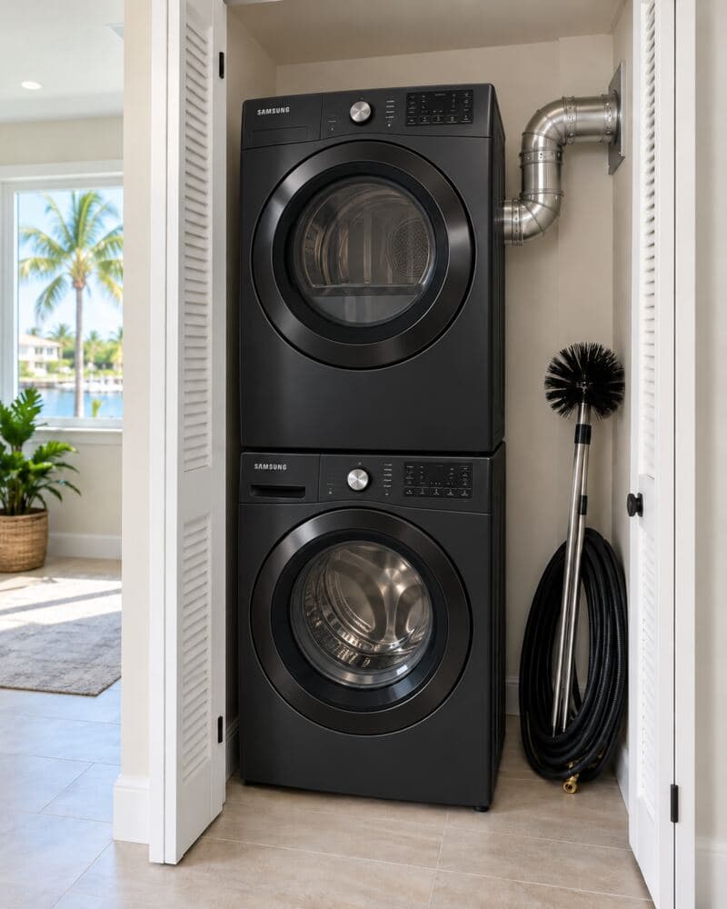 Black Samsung dryer and washer with a properly routed dryer vent in a South Florida home